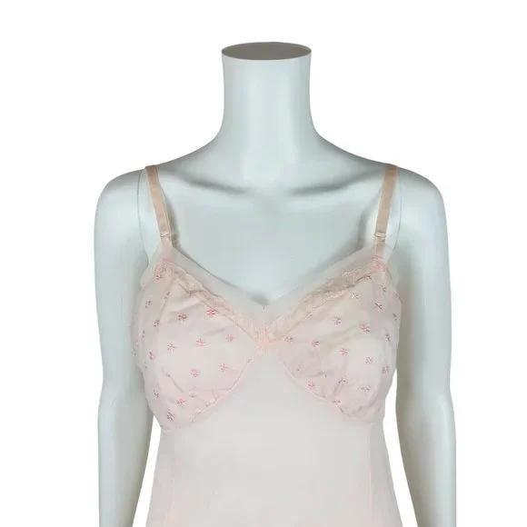 Vintage 60s Baby Pink Slip Embroidered Daisies Venusform Lingerie
